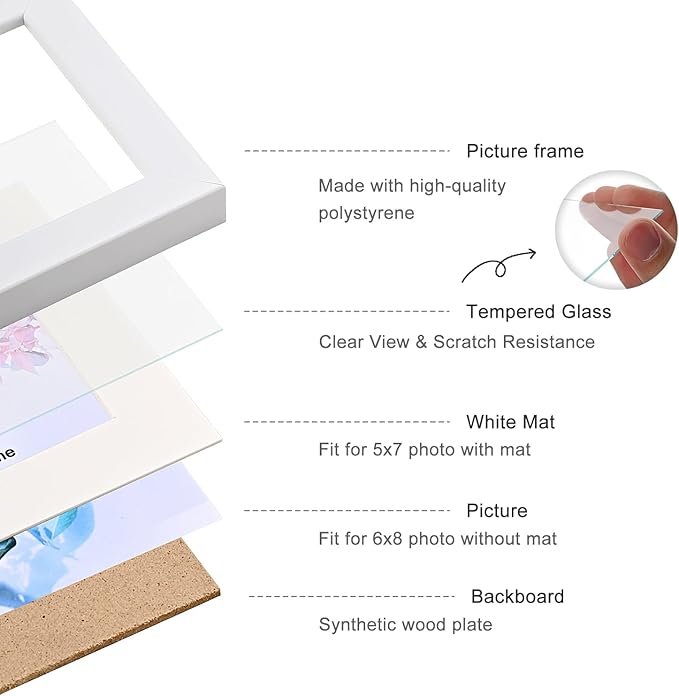 Hinged Tri-Fold 4x6 & 6x8 Picture Frame with Tempered Glass-Tabletop or Wall Mounted Display for Two 4x6 & One 5x7/6x8 Photos (with/without Mat)-Matte White-B467546