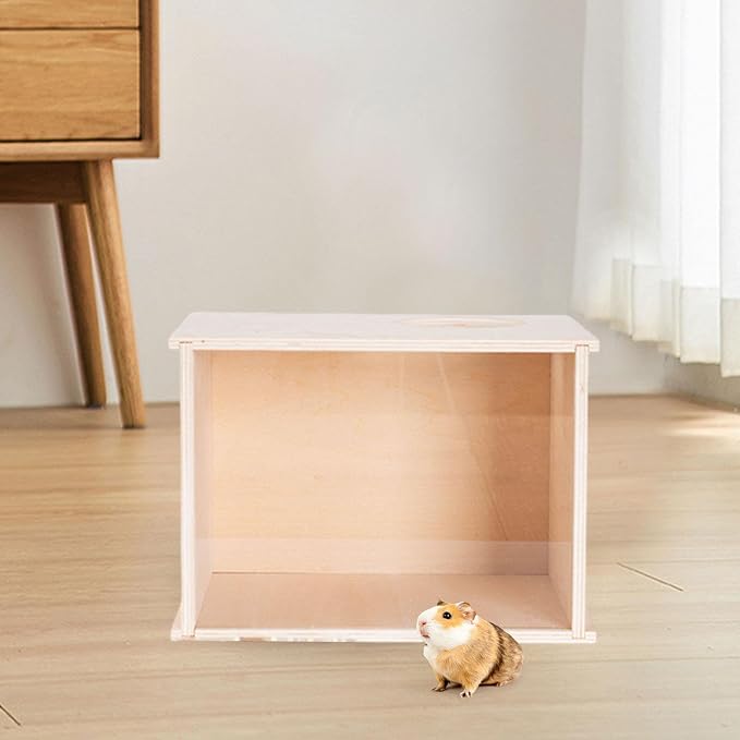 DIY Wooden Hamster Digging Box Enclosure with Transparent Observation Window, Easy Cleaning Multipurpose Stable Structure with Lid for Small Animals- Size M