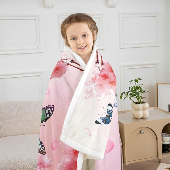 Feelyou Girls Butterfly Fleece Throw Blanket Twin 60"x80" Kids Cherry Blossom Sherpa Blanket Plush Fuzzy for Bed Couch Chair Living Room, Chic Gorgeous Bed Blanket Room Decor