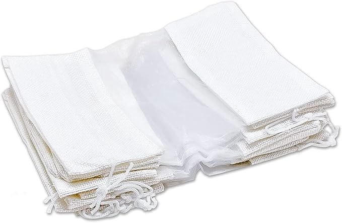 48-Pack Medium Linen Burlap & Organza Gift Bags w. Drawstrings (5x7 in, White) - Party Favors, Presents, Samples & Treats Mesh Pouch by The Display Guys