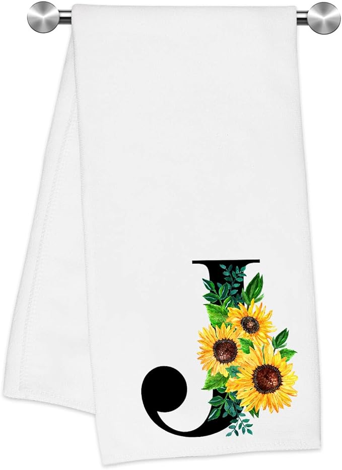 Monogrammed Sunflower Hand Towels,Ini-tial J Tea Towel Letter Kitchen Towels,Sunflower Gifts for Women,Monogram Dish Towel 17x23 Inch,Kitchen Bathroom Decorative Ini-tial Gifts for Mom Wife