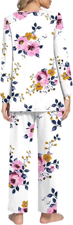 Anyally Women's Plus Size Pajama Sets Ladies Fall Pjs 2 Pieces Lounge Outfits V Neck Long Sleeves Sleepwear with Pockets