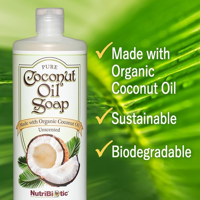 NutriBiotic Pure Coconut Oil Soap, Unscented 32 oz TWIN PACK | Certified Organic, Unrefined, Biodegradable & Gentle on Skin | No GMOs, Gluten, Parabens, Sulfates, Dyes or Colorings
