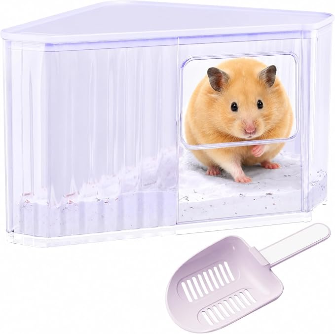 Hamster Sand Bath Container, Large Dust Bath House with Scoop, Purple | Tall enclosed design reduces sand scatter, spacious interior, frosted privacy walls, top platform, easy-clean bath box