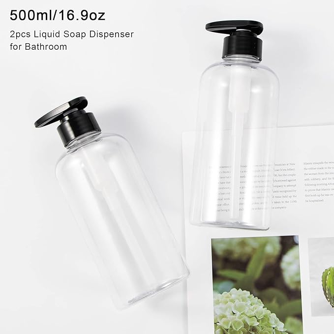 Yebeauty 2 Pack Clear Pump Bottles 17oz/500ml, Empty Plastic Lotion Bottle Pump Dispenser with Pump Refillable
