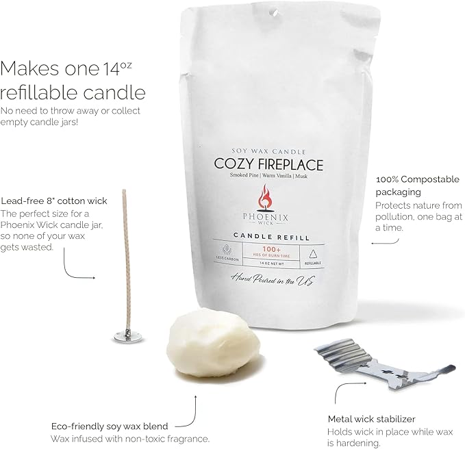 Phoenix Wick Candle Making Kit – Transform Anything Into A Candle – Candle Making Kit with Wick + 14oz Wax (Cozy Fireplace)