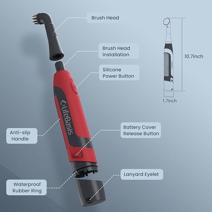 LifeBasis Cordless Electric Cleaning Brush, Mini Power Scrubber for Cleaning Waterproof Grout with 2 Brush Heads for Bathroom Kitchen Tile Crevice Corner - Red (Batteries Included)