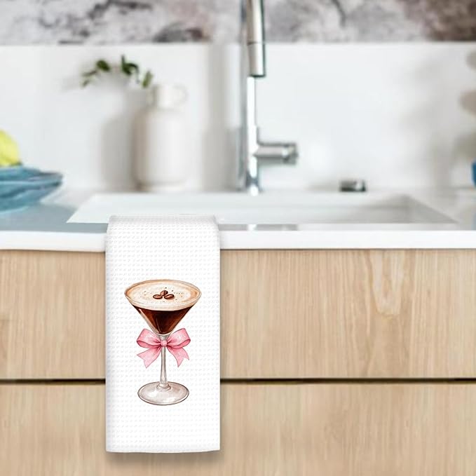 Espresso Martini Decor Bow Kitchen Towels, Coquette Bow Espresso Martini Gifts Hand Towels, Pink EspressoMartini Dish Towel Tea Towel for Kitchen Home Bar Cart Decor, 16x24In
