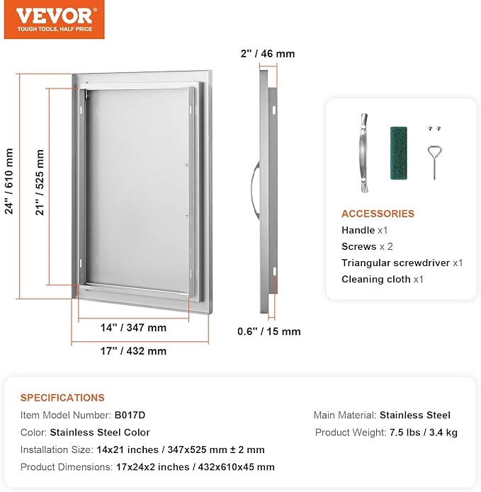 VEVOR BBQ Access Door, 17W x 24H Inch Single Outdoor Kitchen, Stainless Steel Flush Mount, Wall Vertical with Handle, for BBQ Island, Grilling Station, Outside Cabinet
