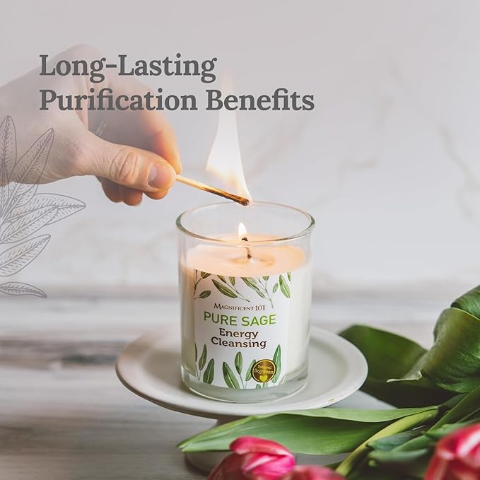 Magnificent 101 Pure Sage Energy Cleansing Aromatherapy Glass Candle for Meditation, Manifestation, and Intention-Setting - 6 oz Natural Soy Wax and Essential Oil | 56-Hour Burn Time