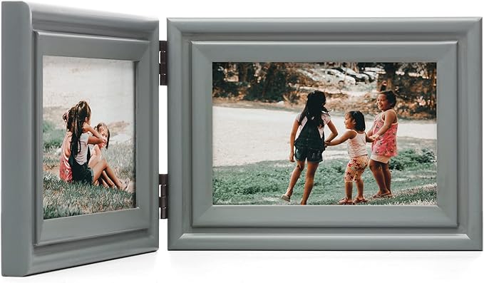 Horizontal 4X6 Picture Frames Double Hinged Wood Folding Photo Frames with Real Glass Front Fit for Desktop or Tabletop, Gray XHUI-H64X2
