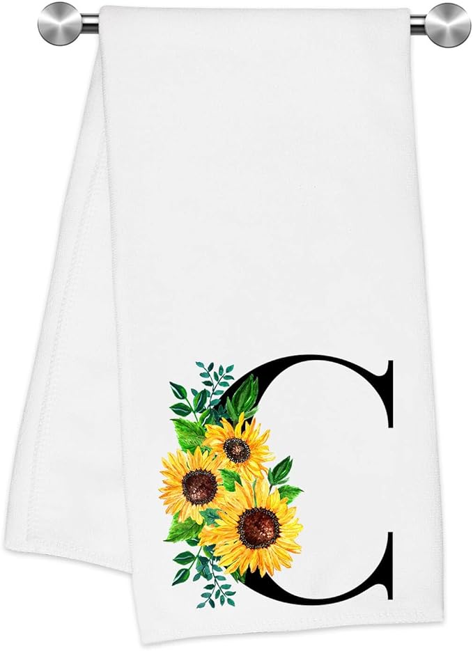 Monogrammed Sunflower Hand Towels,Ini-tial C Tea Towel Letter Kitchen Towels,Sunflower Gifts for Women,Monogram Dish Towel 17x23 Inch,Kitchen Bathroom Decorative Ini-tial Gifts for Mom Wife