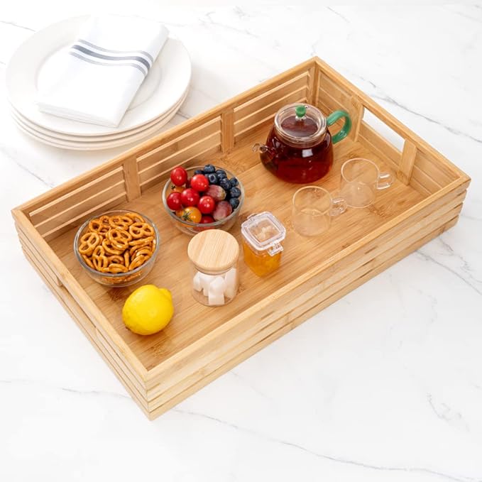 Restaurantware-20.75 x 13 x 3.75 Inch Breakfast Tray, 1 Rectangle Tray With Handles - Pallet Design, Chip-resistant, Bamboo Butler Holding Serving Tray, Shatterproof, For Meals, Snacks, And Beverages