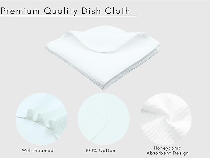 PurpleEssences Dish Cloths and Dish Rags - 6 Pack Waffle Weave Solid Kitchen Dish Wash Cloths, 100% Cotton, 12 x 12 Inches, Ultra Soft Absorbent Quick Drying - Christmas Holiday Winter - White