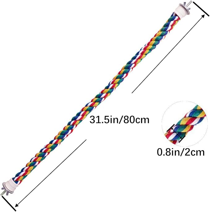 31.5'' Bendable Climbing Bird Rope Perch for Cage, Metal Nut | Bird Cage Accessories, Cotton Rope, Colorful Fun Bungee Toy, For Parrot