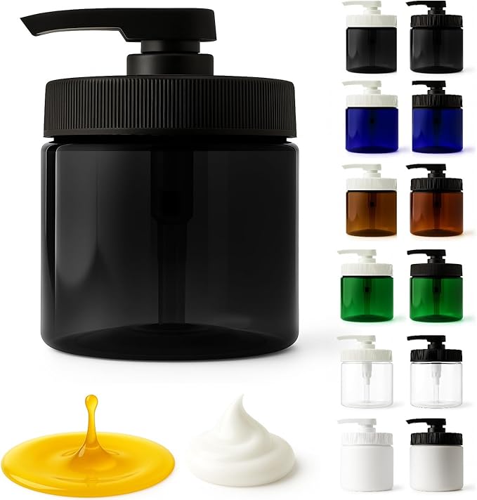 Royal Massage 16oz Refillable Pump Jar with Locking Dip Tube Dispenser – BPA-Free Plastic Container for Massage Oils, Lotions, Creams – Ribbed Lid Wide-Mouth Jar – Durable & Reusable (Black/Black, 3)