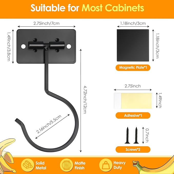 Self Adhesive Banana Hook Under Cabinet Foldable Banana Hanger Black Metal Under Counter Banana Hook to Keep Bananas Fresh Banana Holder for Kitchen RV Space Saving