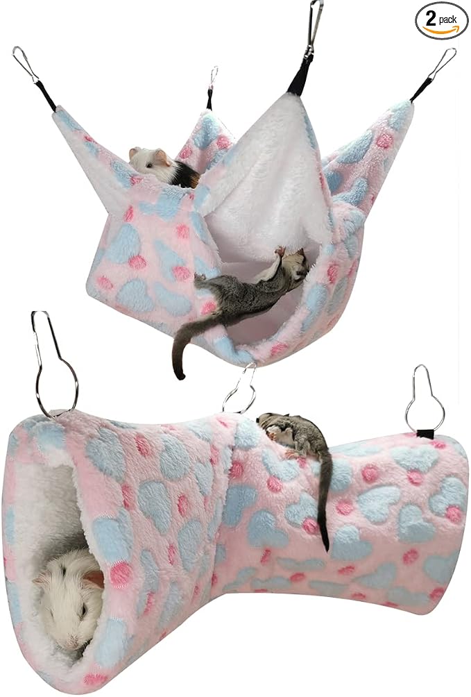 LEFTSTARER Guinea Pig Ferret Rat Hammock Toy Set - Small Animal Cage Accessories Hideout Tunnel & Bunkbed for Rat Ferret Guinea Pig Hamster Sugar Glider Chinchilla (Heart-Pink)
