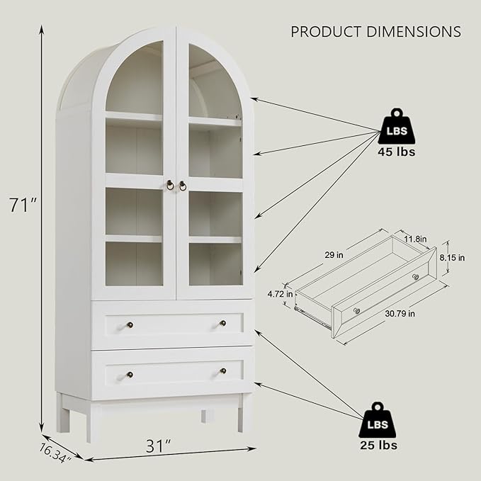 IFGET 71" Tall Arched Kitchen Pantry Cabinet, Wood Kitchens Storage Cabinets with 2 Large Drawers and Adjustable Shelves, Modern Farmhouse Versatile Cupboard for Kitchen, Dining Room, Bathroom, White