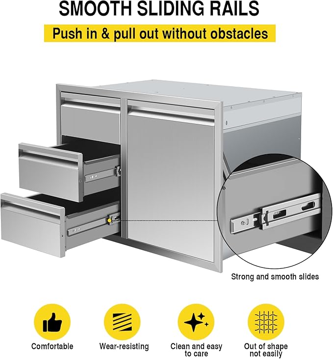 Outdoor Kitchen Drawers Stainless Steel 28W X 20.1H X 19.8D Inch, Flush Mount Triple BBQ Island Drawers with Hidden Handle for Outdoor Kitchens, Patio or Grill Station