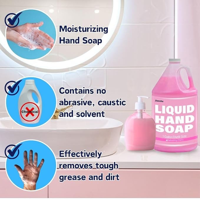 Hand Soap Gallon Refill, Cleansing Liquid Soap, Soothing Pink Lotion Soap Refill, Bulk Hand Soap Refill - Gentle on Skin, Cherry Scent - 1 Gallon per Bottle - 4 Pack