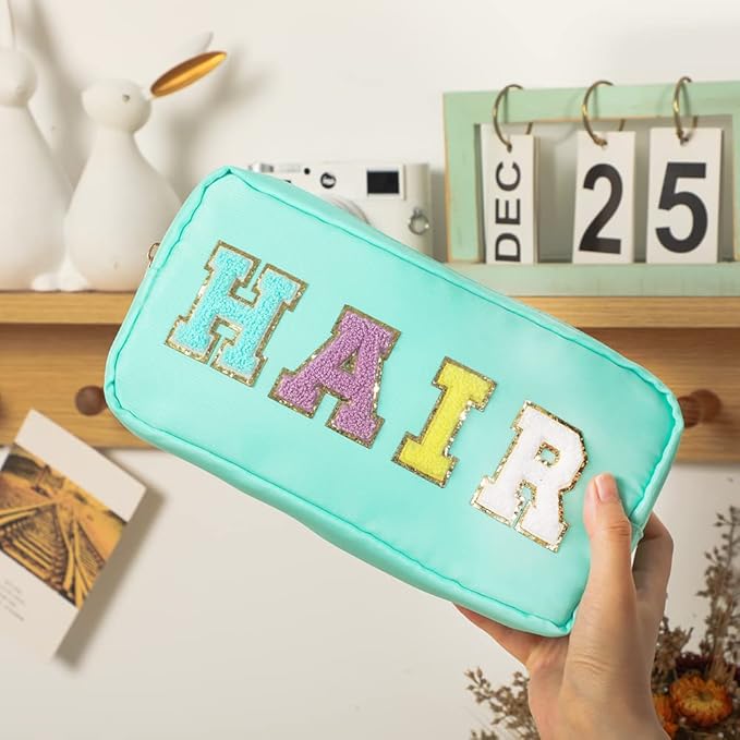 DYSHAYEN Nylon Cosmetic Bag Preppy Hair Makeup Bag for Women Travel Toiletry Organizer with Chenille Letter Patches (Mint-HAIR)