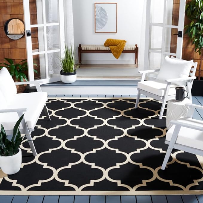 SAFAVIEH Washable Rug Outdoor Courtyard Collection - 9' x 12', Black & Beige, Non-Shedding & Easy Cleaning, Ideal for Patio, Backyard, Mudroom (CY6914-266)