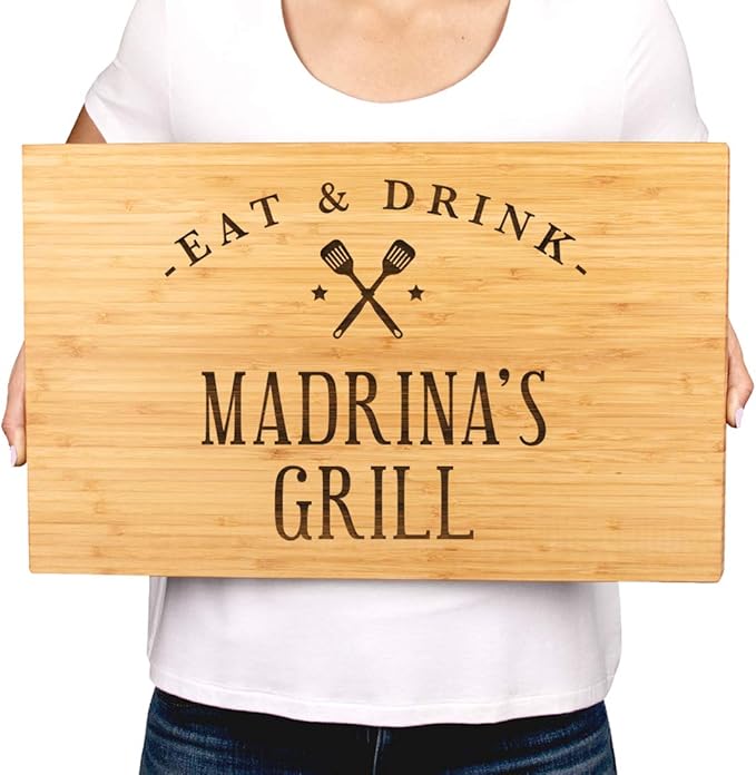 Andaz Press Large Bamboo Wood BBQ Cutting Board Gift, 17.75 x 11-inch, Madrina's Grill, 1-Pack, Laser Engraved Serving Chopping Board Christmas Birthday Chef Kitchen Ideas