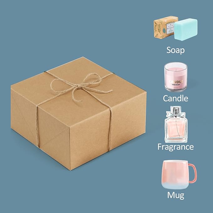 ValBox Premium Gift Boxes 10 Pack 8 x 8 x 4 Brown Paper Gift Boxes with 20 Meters Hemp Rope for Christmas Gifts, Bridesmaid Proposal Boxes, Easy Assemble Boxes