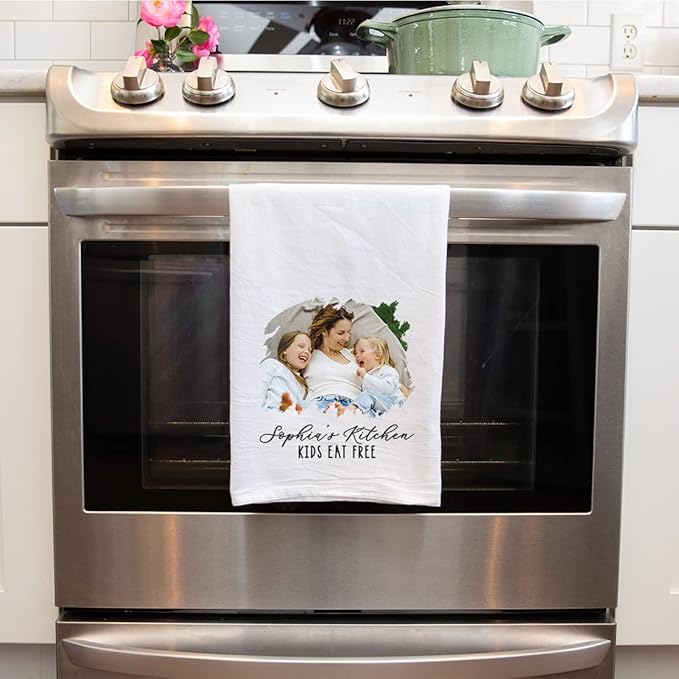 Andaz Press Personalized Kitchen Towel, Flour Sack Tea Towel, Custom Name Kitchen Gifts Custom Photo Design Kids Eat Free Birthday for Mom Daughter, Housewarming Gift, Kitchen Decor