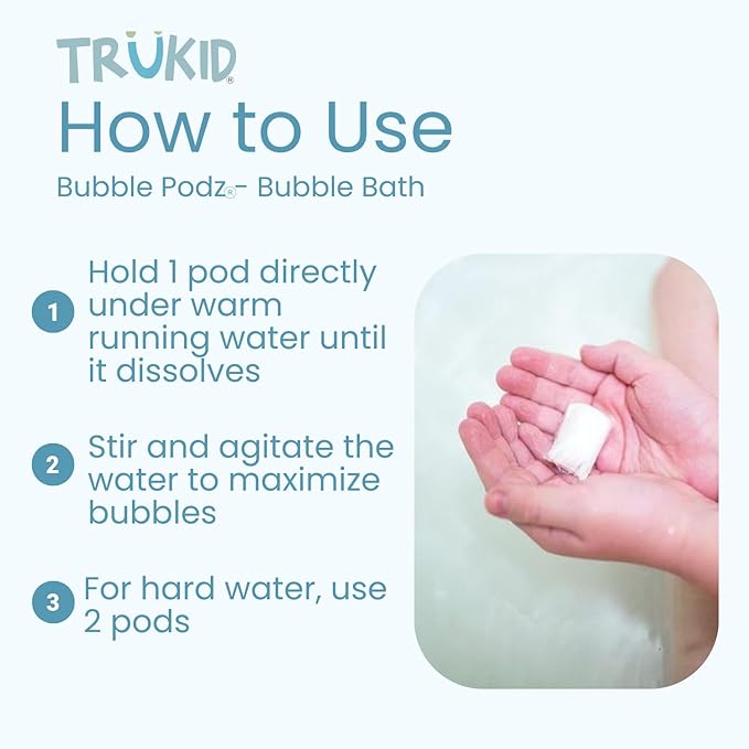 TruKid Bubble Podz Bubble Bath for Kids, Toddlers, & Babies, NEA-Accepted for Eczema, Gentle Refreshing Colloidal Oatmeal Bath Bomb for Sensitive Skin, pH Balanced, Tear Free, Unscented (10 Podz)