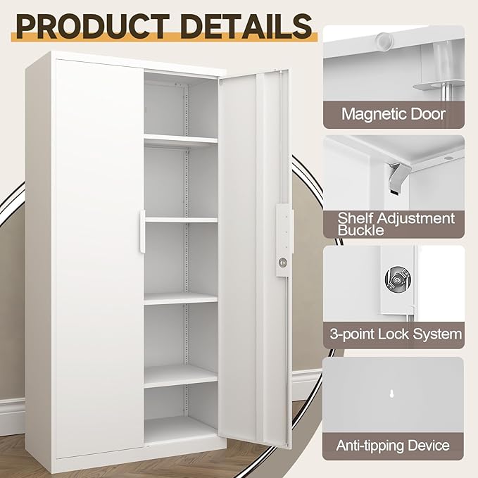 GREATMEET Metal Garage Storage Cabinets, 72" Tall Locking Cabinets with Doors and Shelves, Utility Cabinet with Lock for Garage, Home, White