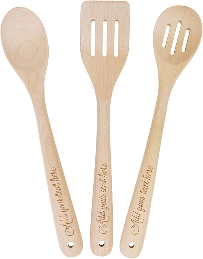 PrintSupremacy Beechwood Personalized Kitchen Utensils, Non Stick Wooden Kitchen Gadget Pan Cookware, Cook Gift Set for Holidays, Engraved Kitchen Stuff (Custom, 3 pcs)