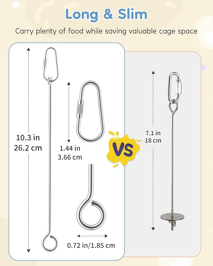 Pawfly 3 Pcs Stainless Steel Parrot Fruit Vegetable Skewer, 10 Inch/26 cm Hanging Bird Cage Food Holder with Hook, Bird Cage Feeder for Vegetable & Fruit, Bird Treat Skewer, Foraging Toy for Parakeets