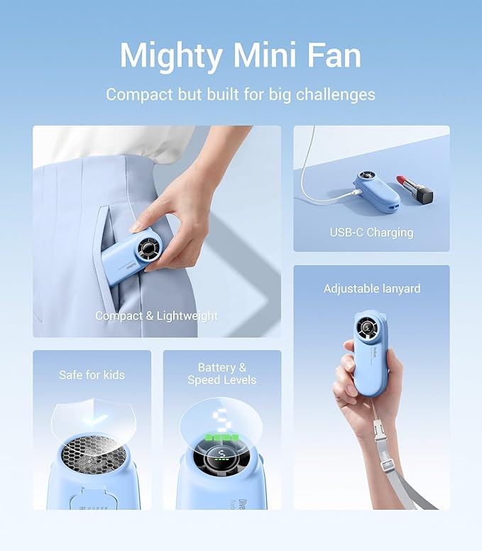 Diveblues TurboBear Portable Handheld Turbo Fan, 5 Gear Wind, Travel Essentials, Small Hand Held Fan Rechargeable, Mini Personal Fans Cooling, Battery Powered, Pocket Cute Gifts Women