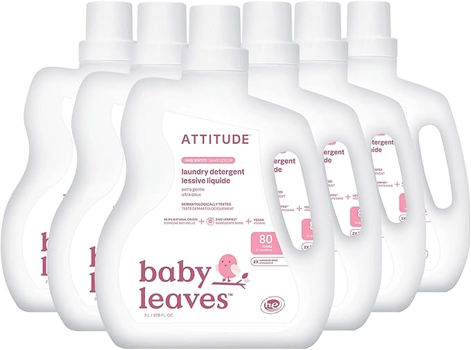 ATTITUDE Baby Laundry Detergent Liquid, EWG Verified, Safe for Baby Clothes, Infant, Newborn, Vegan, Naturally Derived Washing Soap, HE Compatible, (Pack of 6)