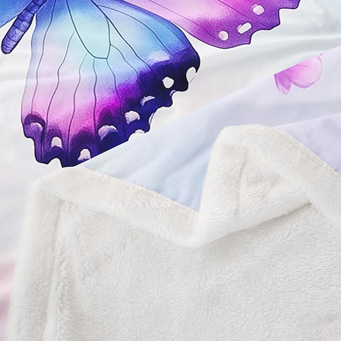 Feelyou Purple Blue Butterfly Fleece Throw Blanket Twin 60"x80" Kids Girls Sherpa Blanket Plush Fuzzy for Bed Couch Chair Living Room, Floral Flower Bed Blanket Cute Watercolor Room Decor