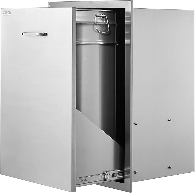 VEVOR Outdoor Kitchen Trash Drawer, 19.7"W x 29"H x 15.7"D Inch, Outdoor Kitchen Drawers Cabinets, Stainless Steel BBQ Island Drawers, Trash Pull Out Drawer, BBQ Trash Bin, Outdoor Grill Drawers