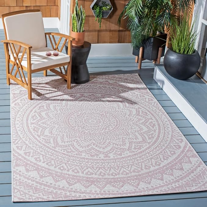 SAFAVIEH Courtyard Collection 4' x 5'7" Ivory/Soft Pink CY8734 Indoor/ Outdoor Waterproof Easy Cleaning Patio Backyard Mudroom Area Rug