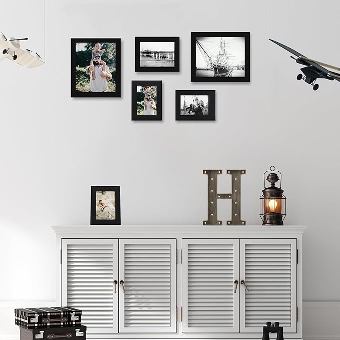iRahmen 5x7 Picture Frame Set of 4, High Definition Glass Black Picture Frame, 5 x 7 Wood Rustic Photo Frames for Horizontal or Vertical Table Top and Wall Mounting