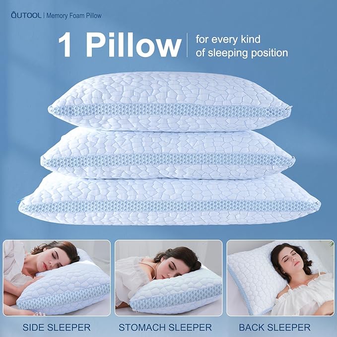 QUTOOL Enhanced Cooling Pillows for Sleeping, CertiPUR-US Shredded Memory Foam Pillows Standard Size Set of 1 for Hot Sleeper, Adjustable Pillow for Side, Back, Stomach Sleepers Support Yet Soft, Blue