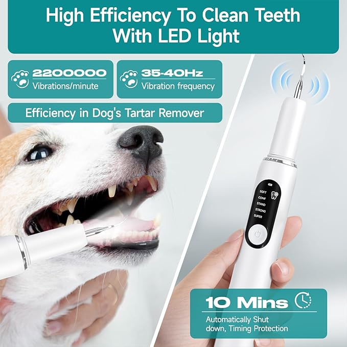 Dog Teeth Cleaning Kit Dog Plaque and Tartar Remover with LED Light 5 Adjustable Modes Electric Toothbrush Pet Teeth Cleaner for Dogs and Cats (White)
