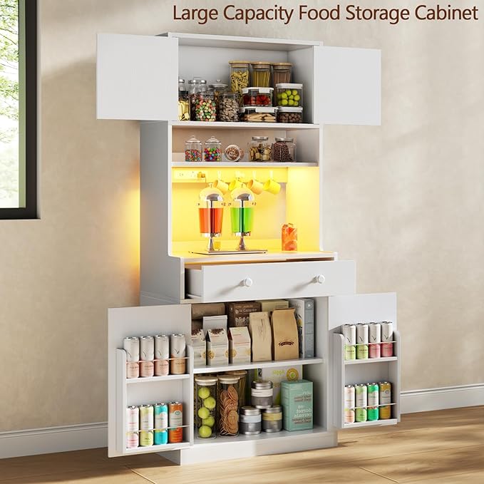 Korfile 71" Tall Kitchen Pantry Storage Cabinet with Power Outlet & LED Light, Freestanding Food Pantry Cabinet with 4 Doors and Shelves, Cupboard with Drawer, Hutch with Microwave Stand, White