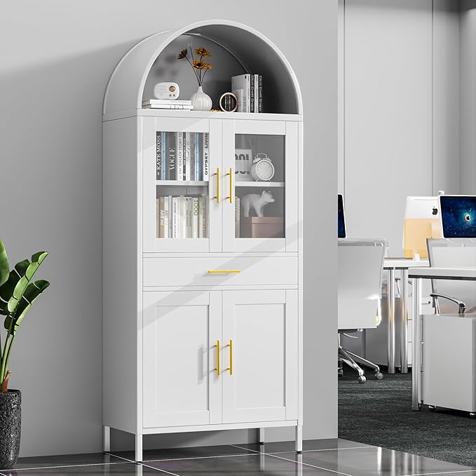 73''H Metal Farmhouse Arched Pantry Cabinet,White Tall Arched Cabinet for Kitchen Dinning Room, Assembly Required
