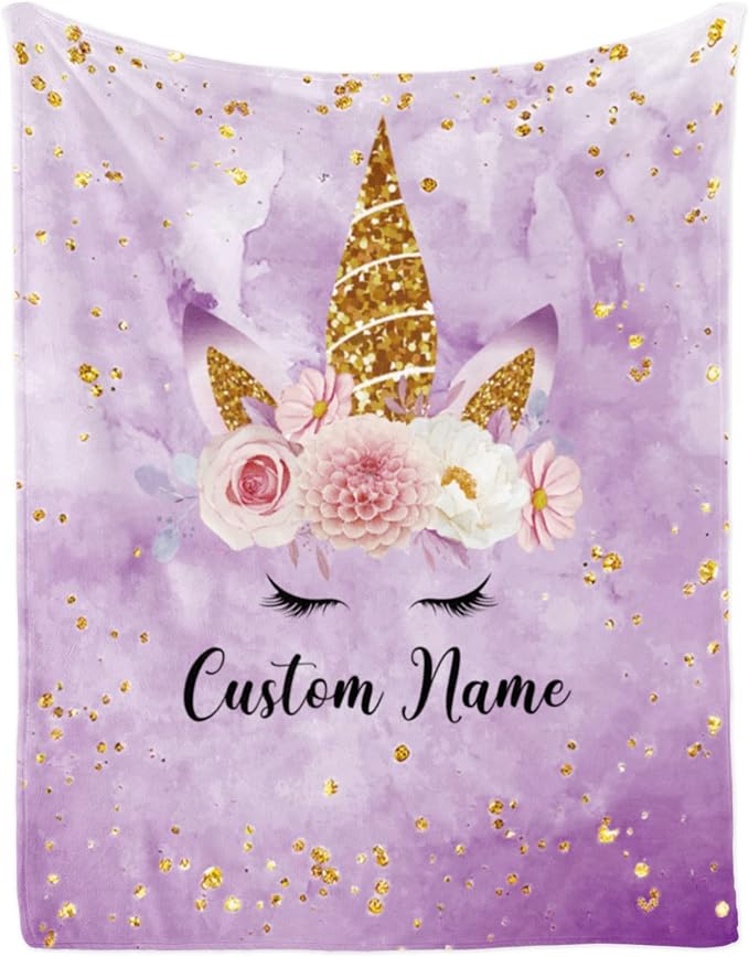 Personalized Horse Blanket with Name for Girl, Custom Name Blanket for Kids, Soft Flannel Purple Horse Toddler Blanket Customized Gift for Birthday Christmas Baby Shower Newborn Gift 60" X 80"