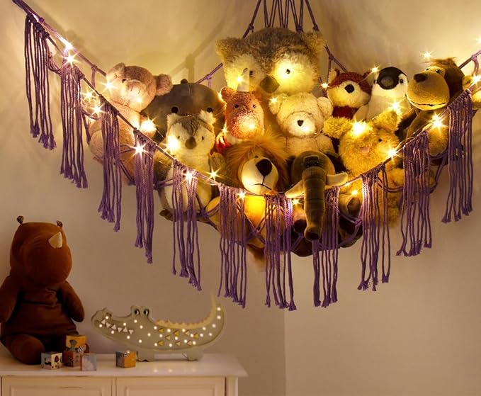 RelaxScene Stuffed Animal Storage Hammock Corner X-Large with LED Light - Baby Hammock Hanging Holder Plushies Net for Stuff Animals Organizer - Cute Room Decor Aesthetic Kids Toddler Nursery Bedroom
