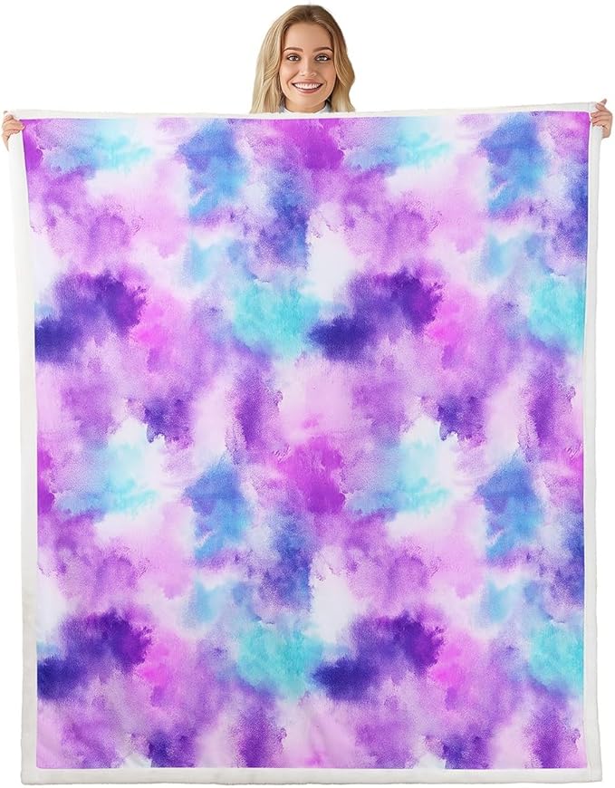 Feelyou Colorful Fleece Throw Blanket Queen 90"x90" Kids Tie Dye Watercolor Sherpa Blanket Plush Fuzzy for Bed Couch Chair Living Room, Dreamy Girly Bed Blanket Room Decor
