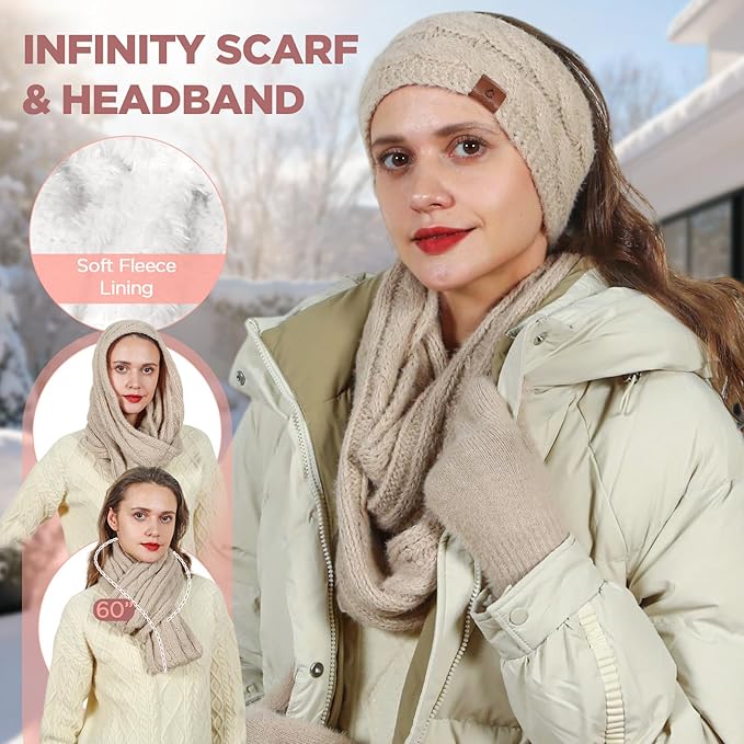 Womens Beanie Hat Infinity Scarf Touchscreen Gloves Fleece Headband 4 in 1 Winter Clothes Set Gifts for Women
