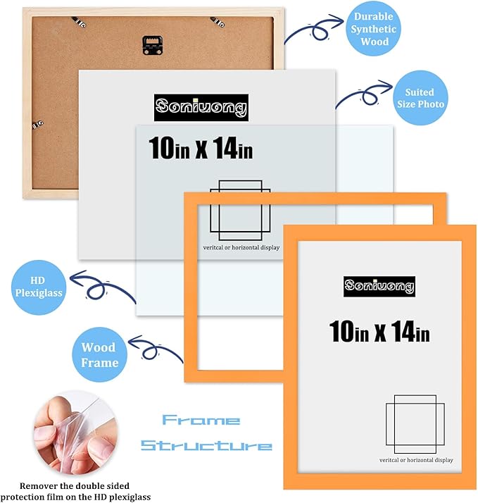 10x14 inch Wood Picture Frames for Wall Hanging,Diamond Painting Frames Rectangle Baby Scan Picture Frame for Family Walls Decoration,Anniversary,Wedding,Christmas,Halloween,Shower,Certificate (Orange)