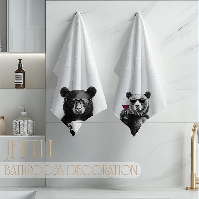 Funny Bear Kitchen Towels Set of 2, Funny Kitchen Decor, Coffee Station Wine Bar Decor, Black and White Bear Owner Gift Hand Towel, Dining Room Decorative Tea Towel Dish Towels 16x24 Inch